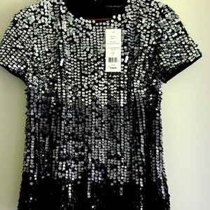 FRENCH CONNECTION Black Silver Ombré Sequin Tshirt, Small